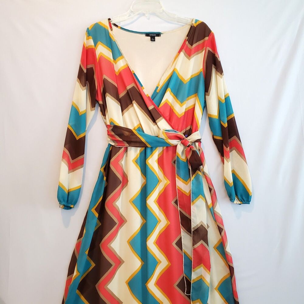 Espresso Dress Maxi Chevron Multicolor LG Retro Desert Chiffon Faux Wrap Boho